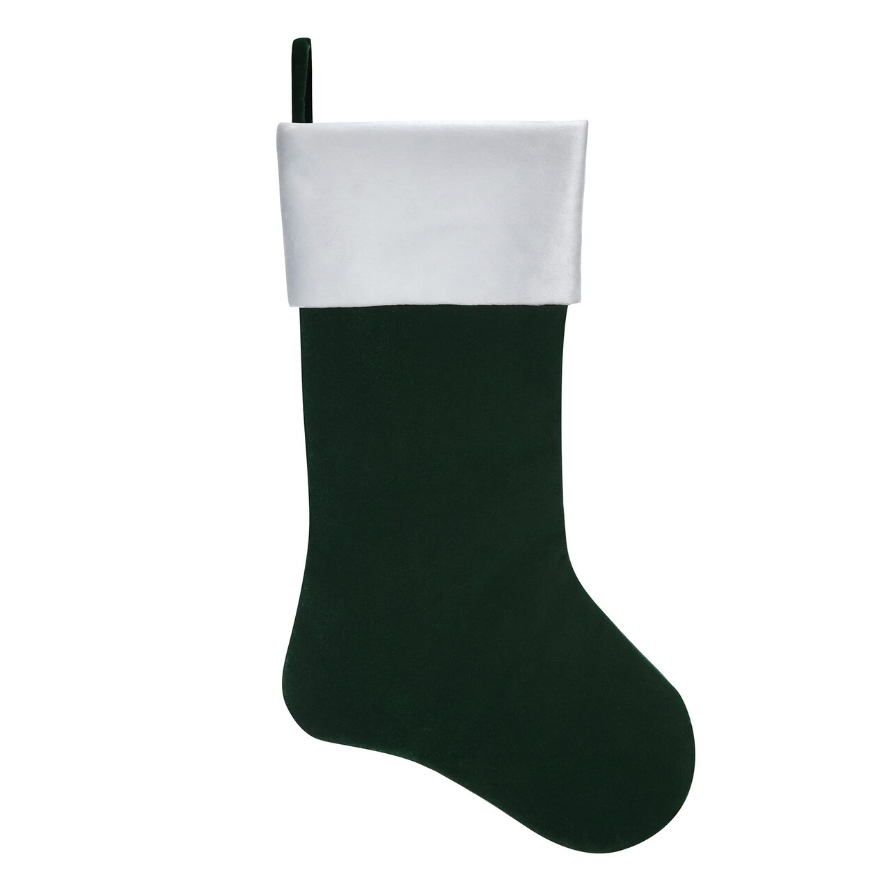 Haute Decor Velveteen Dark Green HangRight Stocking with White Cuff - 20 inches - Loop Adjusts to Hang Straight from Mantel